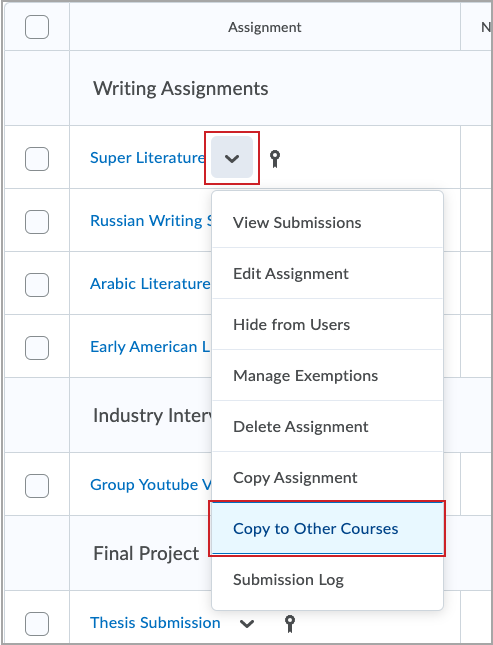 The 'Copy to Other Courses' menu option in Assignments